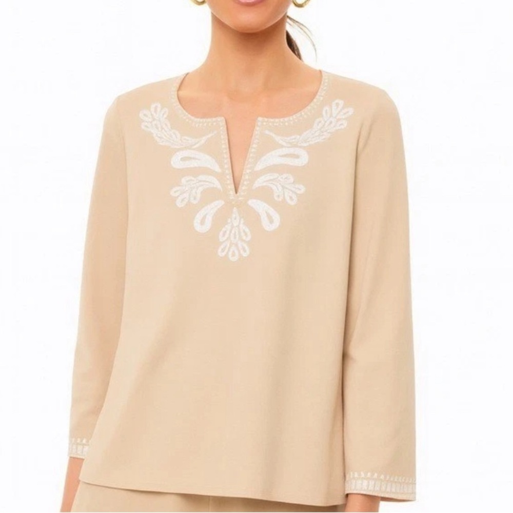 Tuckernuck Miguelina Embroidered Tan Top Split Round Neck Size Medium